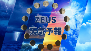 ZEUS天気予報のロゴと月の満ち欠け、様々な天気（雷、雨雲、晴れ）の背景画像
