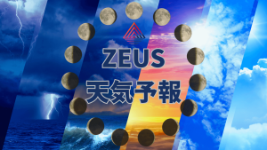高機能天気予報ZEUSのアイキャッチ画像。画面中央に青い文字で「ZEUS」、その下に大きく金色で「天気予報」と記載。背景は雷雨、夜空の星、夕焼け、晴天の空と雲がグラデーションのように並び、中央上部には赤い三角形と青い線で構成されたZEUSのロゴ。ロゴの周囲と「天気予報」の文字の周りには、月の満ち欠けを表す円形の画像が配置されている。全体的に、多様な天候と月の変化が一目でわかるデザイン。