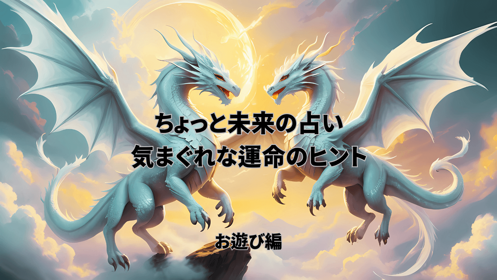 幻想的な光の中で対峙する二体の白龍と、「ちょっと未来の占い 気まぐれな運命のヒント お遊び編」のロゴ