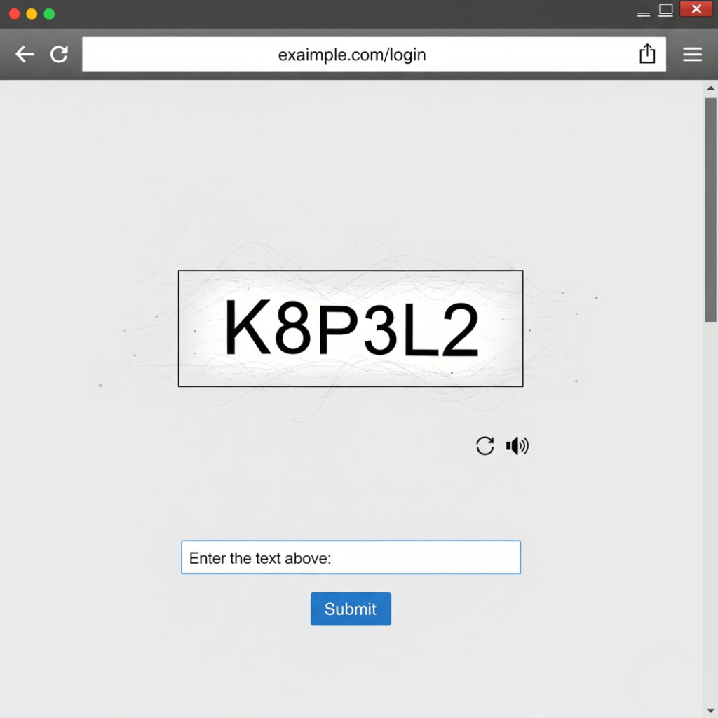 「K8P3L2」と表示されたCAPTCHA認証の入力画面。下にテキスト入力欄と「Submit」ボタンがある。