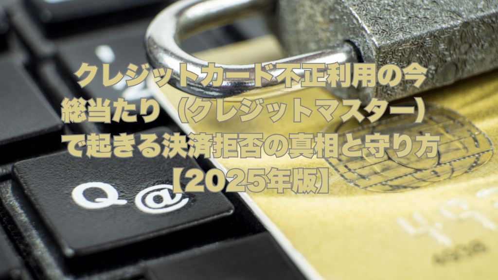 キーボードの「@」キー、南京錠、クレジットカードが重なるイメージ。「クレジットカード不正利用の今 総当たり（クレジットマスター）で起きる決済拒否の真相と守り方【2025年版】」の文字オーバーレイ。