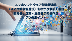 スマートフォンから多数のアプリや歯車が飛び出すイメージ。背景には法律や公正さを象徴するような線画が見える。「スマホソフトウェア競争促進法（スマホ競争促進法）をわかりやすく解説｜開発者・企業・消費者が知るべき7つのポイント」の文字が画像中央に配置されている。