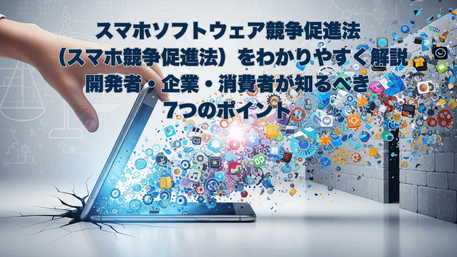 スマートフォンから多数のアプリや歯車が飛び出すイメージ。背景には法律や公正さを象徴するような線画が見える。「スマホソフトウェア競争促進法（スマホ競争促進法）をわかりやすく解説｜開発者・企業・消費者が知るべき7つのポイント」の文字が画像中央に配置されている。