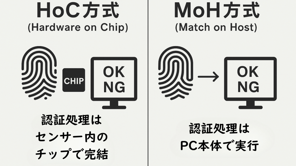 HoC（Hardware on Chip）方式とMoH（Match on Host）方式の認証処理の流れを比較した図。HoC方式では、指紋センサーの専用チップ内で認証処理が完結し、MoH方式では、PC本体で認証処理が行われる様子が示されている。