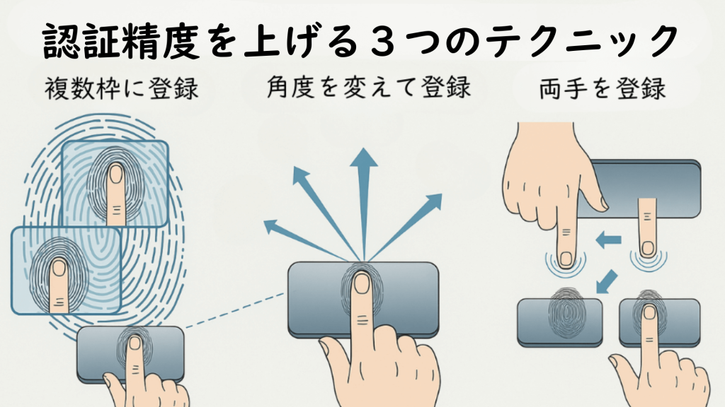 指紋認証の精度を高めるための3つのテクニックを図解で示した画像。「複数枠に登録」、「角度を変えて登録」、「両手を登録」という3つの方法が、指紋センサーに指を置くイラストと共に説明されている。