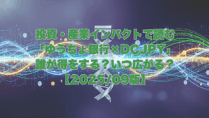 ゆうちょ銀行のロゴ、DNAのような二重らせん構造、デジタル通貨（DCJPY）のシンボルが融合し、データと金融が交差する未来的なデジタルネットワークの背景