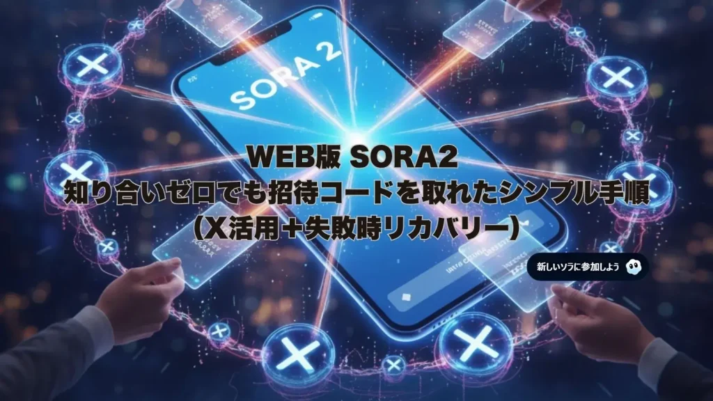 SORA2の招待コードをX（旧Twitter）のリレー形式で取得する方法を示す画像。中央のスマホにSORA2が表示され、周囲の手がコードを交換している様子。