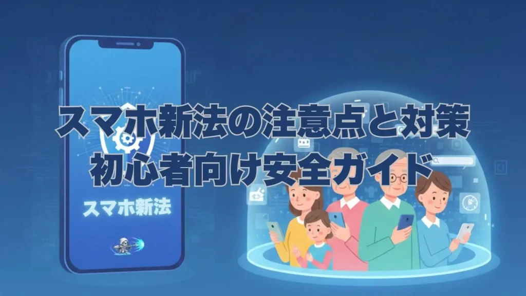 「スマホ新法の注意点と対策 初心者向け安全ガイド」というタイトル文字。左側にはセキュリティシールドが表示された青いスマートフォン、右側にはドーム状のデジタルバリアに守られて安心してスマートフォンを操作する三世代家族（祖父母、両親、子供）のイラストが描かれている。